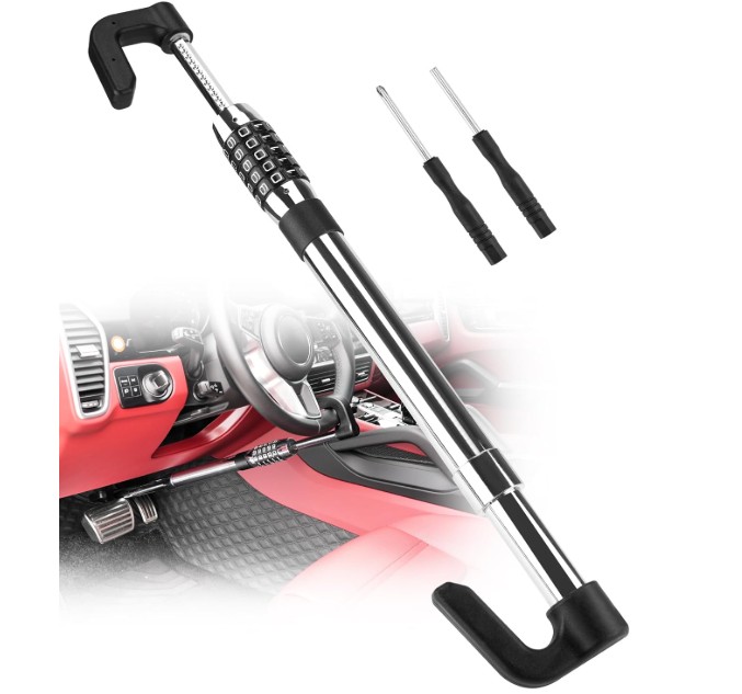 Tevlaphee Steering Wheel Lock Anti Theft Device Retractable Brake Pedal Lock Keyless Password 5 Coded Combination Anti Theft Car Security Device Heavy Duty Universal Fit for Vehicle Car Truck Van SUV