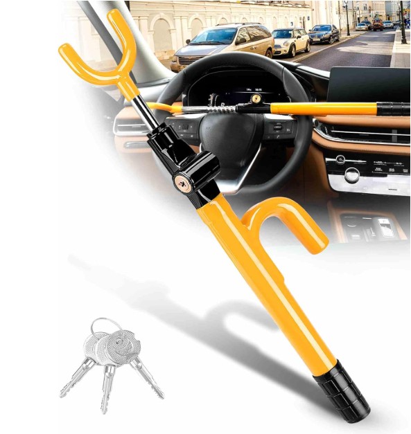Tevlaphee Steering Wheel Lock - Anti Theft Device with Adjustable Car Wheel Lock, 3 Keys (Yellow)